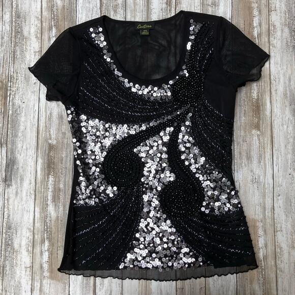 Cartise Embellished Shirt Sz M Black Silver Sequins Beaded Glam Y2K FairyGrunge - Picture 8 of 10